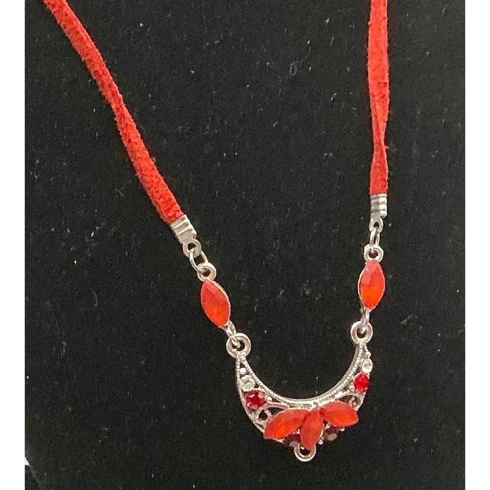 Red Suede Crescent Moon Rhinestone Choker Necklace Vintage Valentine Gift